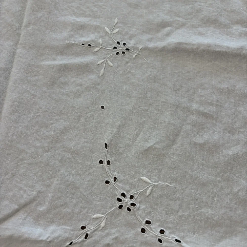 Vintage Madeira Cutwork Linen Tablecloth Floral Urn Scalloped Edge